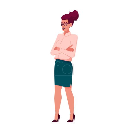 Illustration for Confident Businesswoman Stand with Crossed Arms. Successful Happy Female Character Wear Glasses and Formal Dress Show Express Confidence. Cartoon People Vector Illustration - Royalty Free Image
