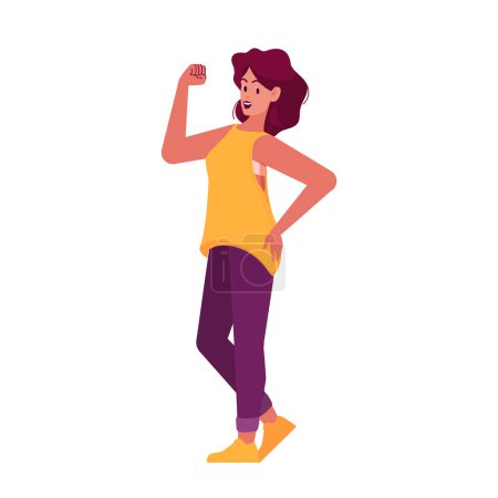 Illustration for Confident Successful Happy Female Character Show Powerful Hand Gesture Perform Muscles And Express Confidence. Girls Power, Strength, Healthy Life Concept. Cartoon People Vector Illustration - Royalty Free Image