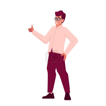 Illustration for Happy Confident Man Show Thumb Up. Satisfied Successful Male Character Show Approval Hand Gesture And Express Confidence. Businessman, Customer, Student Person. Cartoon People Vector Illustration - Royalty Free Image