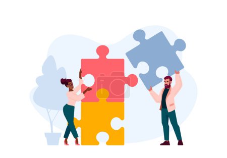 Illustration for Collective Work, Cooperation Concept with Office People Work Together Connect Huge Colorful Separated Puzzle Pieces. Businesspeople Coworking, Teamwork, Partnership. Cartoon Vector Illustration - Royalty Free Image