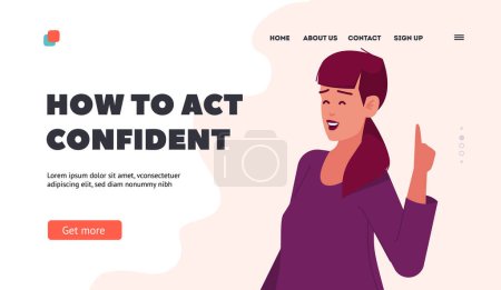 Illustration for How to Act Confident Landing Page Template. Successful Woman Show Pointing Hand Gesture with Index Finger Up, Happy Female Character Express Self Confidence. Cartoon People Vector Illustration - Royalty Free Image