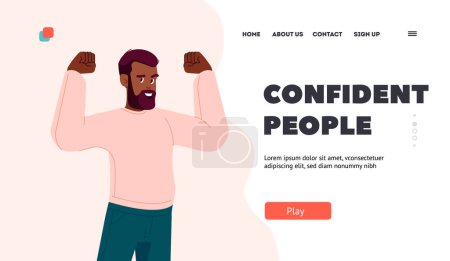 Illustration for Confident People Landing Page Template. Black Man Show Muscles Perform Strength and Confidence. Successful Happy Masculine African Male Character Show Powerful Gesture. Cartoon Vector Illustration - Royalty Free Image