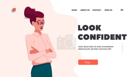 Illustration for Look Confident Landing Page Template. Businesswoman Stand with Crossed Arms. Successful Happy Female Character Wear Glasses and Formal Dress Show Express Confidence. Cartoon People Vector Illustration - Royalty Free Image