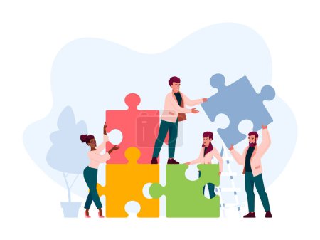 Illustration for Office Employees Cooperation, Joint Work, Partnership. People Group Stand on Ladder Together Set Up Huge Colorful Separated Puzzle Pieces. Businesspeople Teamwork Concept. Cartoon Vector Illustration - Royalty Free Image