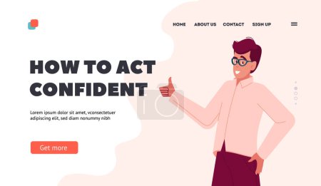 Illustration for Happy Confident Man Show Thumb Up Landing Page Template. Successful Male Character Show Approval Gesture And Express Confidence. Satisfied Businessman, Customer. Cartoon People Vector Illustration - Royalty Free Image