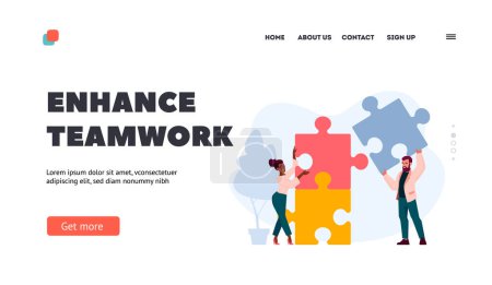 Illustration for Enhance Teamwork Landing Page Template. Office People Work Together Connect Huge Colorful Separated Puzzle Pieces. Businesspeople Coworking, Teamwork, Partnership. Cartoon Vector Illustration - Royalty Free Image