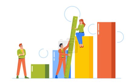 Illustration for Benchmark Measurement, Improvement, Growth Concept. Kpi, Key Performance Indicator To Evaluate Success, Business Characters Use Measuring Tape To Measure Bar Graph. Cartoon People Vector Illustration - Royalty Free Image