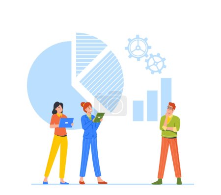 Illustration for Business Characters with Tablets Analyzing Column and Pie Charts Comparing Company Development Benchmarks. Investment and Trade Market Analytics. Cartoon People Vector Illustration - Royalty Free Image