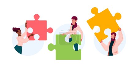 Business People with Puzzle Pieces Isolated Round Icons or Avatars. Team Coworking, Cooperation, Joint Work, Partnership Concept. Office People Work Together. Cartoon Vector Illustration