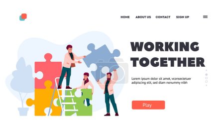 Illustration for People Group Working Together Landing Page Template. Businesspeople Teamwork, Office Employees Set Up Puzzle Pieces. Cooperation, Collective Joint Work, Partnership. Cartoon Vector Illustration - Royalty Free Image