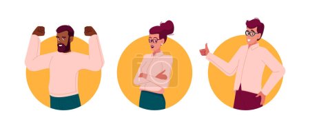 Illustration for Confident People Isolated Round Icons or Avatars. Positive Successful Happy Male or Female Characters Show Thumb Up, Muscles and Stand with Crossed Arms Express Confidence. Cartoon Vector Illustration - Royalty Free Image