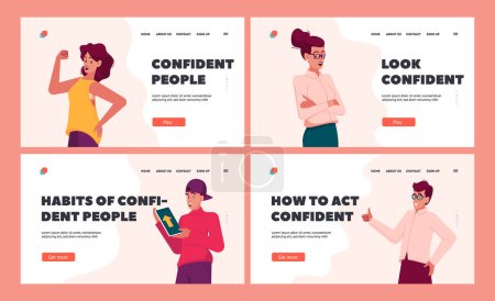 Illustration for Confident People Landing Page Template Set. Good Looking Stylish Persons Posing with Positive Emotions. Successful Happy Characters Show Gestures and Express Confidence. Cartoon Vector Illustration - Royalty Free Image