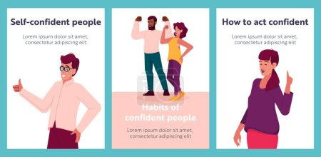 Illustration for Confident People Cartoon Banners, Good Looking Stylish Persons Posing with Positive Emotions. Successful Happy Male and Female Characters Show Hand Gestures and Express Confidence. Vector Posters - Royalty Free Image