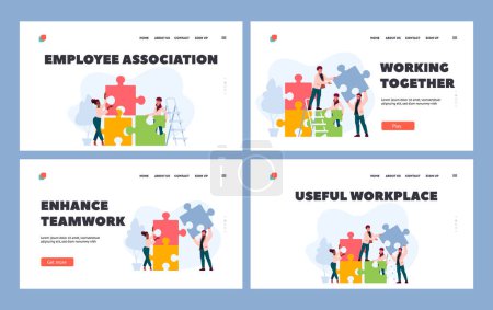 Teamwork Process Landing Page Template Set. Office People Work Together Connect Huge Colorful Separated Puzzle Pieces. Businesspeople Coworking, Teamwork, Partnership. Cartoon Vector Illustration
