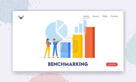 Benchmarking Landing Page Template. Business Characters Testing and Measuring Analysis Charts. Indicator Comparing Process, Metrics Performance with Column Diagrams. Cartoon People Vector Illustration