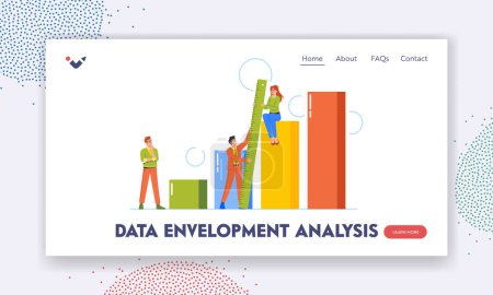 Illustration for Data Envelopment Analysis Landing Page Template. Benchmark Measurement, Improvement, Growth Concept. Business Characters Use Measuring Tape To Measure Bar Graph. Cartoon People Vector Illustration - Royalty Free Image