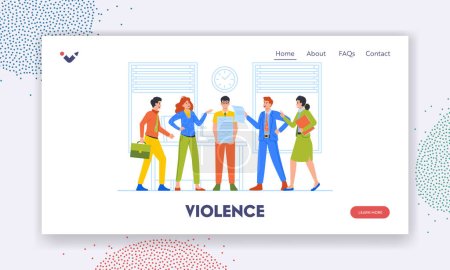 Violence, Denunciation, Blame Landing Page Template. Male Character Social Bullying Victim. Angry Colleagues Pointing and Shout At Sad Man with Pile of Papers. Cartoon People Vector Illustration