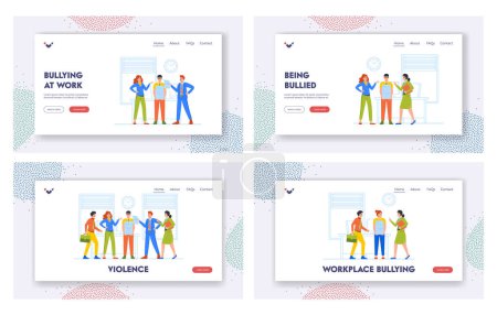Illustration for Bullying at Work Landing Page Template Set. Victim Male Character with Stack of Paper Documents Stand under Pressure of Attacking and Pointing Coworkers in Office. Cartoon People Vector Illustration - Royalty Free Image