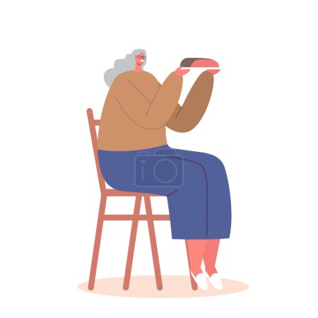 Ilustración de Personaje femenino mayor sentado en la silla que sostiene la placa con la comida en las manos aisladas sobre fondo blanco. Mujer Comiendo Comida, Comida, Hambre, Concepto de Dieta. Dibujos animados Gente Vector Ilustración - Imagen libre de derechos
