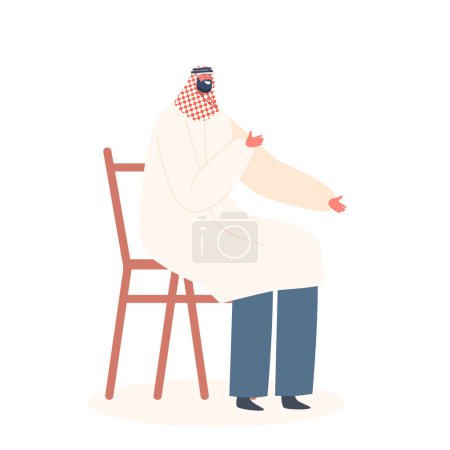 Illustration for Mature Muslim Male Character Wearing Traditional Dress Sitting on Chair Isolated on White Background. Arab Man in National Clothes. Muslim Arabian Person. Cartoon People Vector Illustration - Royalty Free Image