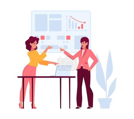 Illustration for Office Colleagues Fighting, Quarrel and Arguing, Conflict between Business Women Standing at Office Desk. Angry Female Characters Fight, Disagreement, Conflicting. Cartoon People Vector Illustration - Royalty Free Image