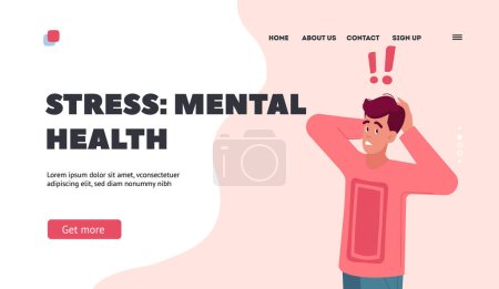 Illustration for Stress, Mental Health Landing Page Template. Young Man Stress, Shock or Confused Emotion. Astonished Male Character Shocked Expression. Person Unpleasant Surprise. Cartoon People Vector Illustration - Royalty Free Image