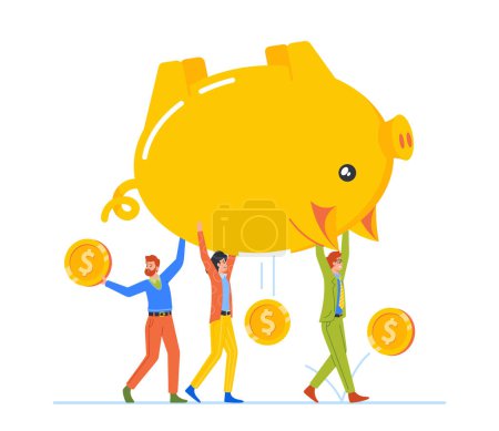 Illustration for Money Loss, Improper Distribution Of Funds And Savings, Financial Bankruptcy Concept. Tiny Colleagues Men And Women Carry Huge Piggy Bank With Coins Falling Down. Cartoon People Vector Illustration - Royalty Free Image