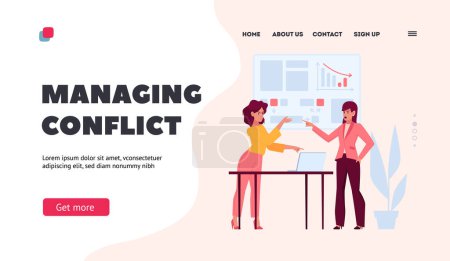 Illustration for Managing Conflict Landing Page Template. Office Colleagues Fighting, Quarrel and Arguing, Fight between Business Women Stand at Office Desk. Angry Female Characters. Cartoon People Vector Illustration - Royalty Free Image