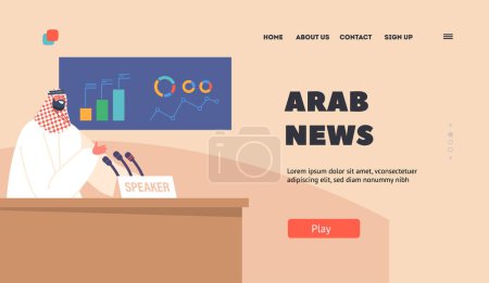 Illustration for Arab News Landing Page Template. Press Conference or Briefing with Muslim Politician Speaking to Audience on Tribune with Microphones, Speaker Male Character National Suit. Cartoon Vector Illustration - Royalty Free Image
