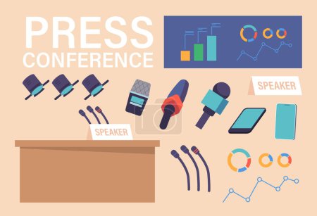 Illustration for Set of Icons Press Conference or Briefing Themed. Speaker Tribune, Journalist Equipment, Microphones, Smartphones, Dictaphone, Spotlights and Statistics Charts. Cartoon Vector Illustration, Patches - Royalty Free Image
