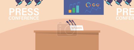 Illustration for Press Conference Studio Interior, Empty Room With Tribune, Microphones and Spotlights on Background with Statistic Charts. Media Industry, Briefing, Politics Concept. Cartoon Vector Illustration - Royalty Free Image