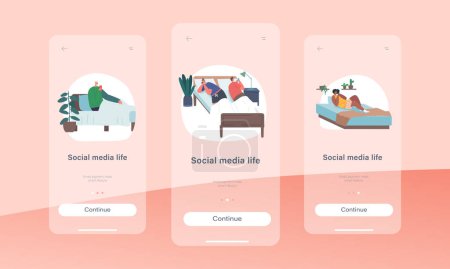 Illustration for Social Media Life Mobile App Page Onboard Screen Template. Male or Female Characters Lying with Smartphones in Bed. Mobile Phone and Gadget Addiction Concept. Cartoon People Vector Illustration - Royalty Free Image