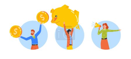 Illustration for Man Carry Piggy Bank, Employee with Coins, Woman with Megaphone Isolated Round Icons or Avatars. Concept Of Money Savings, Company Financial Strategy. Cartoon People Vector Illustration - Royalty Free Image