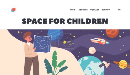 Illustration for Curious Little Child Space Observation Landing Page Template. Astronomy Science, Little Boy Character Learning Sky Map. Kids Education, Hobby, Studying and Learning. Cartoon People Vector Illustration - Royalty Free Image