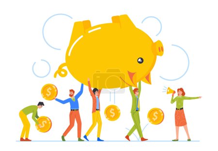 Illustration for Tiny Men And Women Carry Huge Piggy Bank With Coins Falling Down. Concept Of Money Loss, Improper Distribution Of Funds and Savings, Financial Bankruptcy Of Company. Cartoon People Vector Illustration - Royalty Free Image