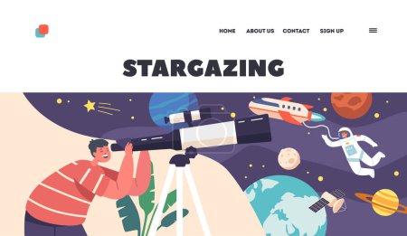 Illustration for Stargazing Landing Page Template. Space Observation Hobby, Curious Boy Look In Telescope, Child Studying Astronomy Science Watching on Moon, Stars Planets in Sky. Cartoon Vector Illustration - Royalty Free Image