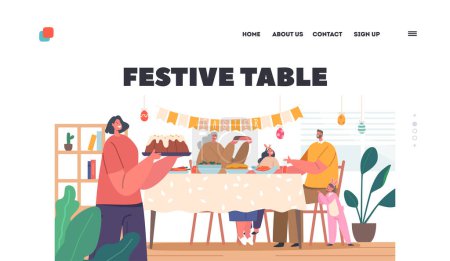 Illustration for Festive Table Landing Page Template. Happy Family Characters Mother, Father, Granny and Kids Having Easter Dinner. Parents and Children Eating Meals and Talking. Cartoon People Vector Illustration - Royalty Free Image