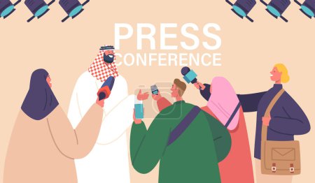 Journalist Interviewing Arab Politician during Briefing or Press Conference. Man in National Suit Speak with Reporter Characters Holding Microphones, Breaking News. Cartoon People Vector Illustration