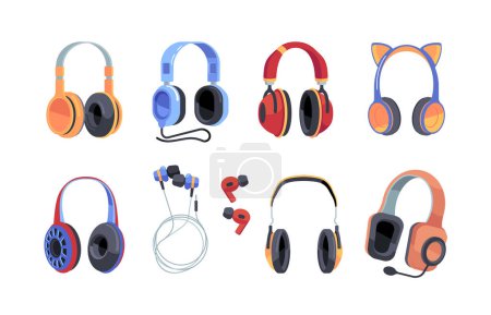 Kopfhörer isoliert auf weißem Hintergrund. Kabelgebundene und drahtlose Kopfhörer, Audiogeräte zum Musikhören. Ohrhörer für Smartphone und elektronische Geräte, Zubehör. Zeichentrickvektorillustration