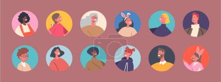 Illustration for Set of People Avatars, Male and Female Characters with Different Appearance. Men, Women, Girls or Boys Portraits for Social Media and Web Design Isolated Round Icons. Cartoon Vector Illustration - Royalty Free Image