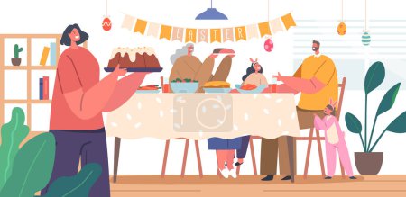 Ilustración de Felices Personajes Familiares Madre, Padre, Abuela y Niños cenando Pascua alrededor de la mesa. Gente comiendo comidas y hablando, padres alegres y niños Almuerzo festivo. Ilustración de vectores de dibujos animados - Imagen libre de derechos