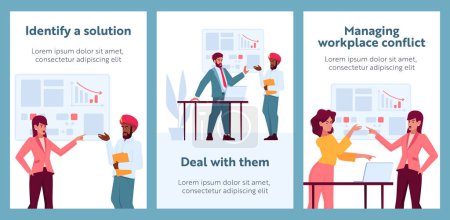 Illustration for Workplace Conflict Cartoon Banners. Angry Business Employees International Men and Women Quarrel and Fight, Characters Arguing in Office. Fighting, Disagreement and Staring. People Vector Illustration - Royalty Free Image