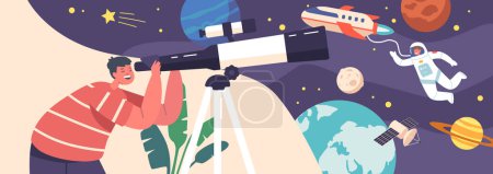 Illustration for Space Observation Hobby, Curious Boy Look In Telescope, Child Studying Astronomy Science Watching on Moon, Stars Planets in Sky With Milky Way, Shuttle and Astronaut. Cartoon Vector Illustration - Royalty Free Image