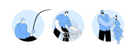 Illustration for Fishermen Holding Rod, Net and Fish Haul. Fishing Isolated Round Icons or Avatars. Outdoor Relaxing Summertime Hobby, Good Catch, Active Summer Time Leisure. Cartoon People Vector Illustration - Royalty Free Image