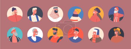 Illustration for Set of People Avatars, Isolated Round Icons. Male and Female Characters Portraits for Social Media Web Design. Men, Women, Girls or Boys, Old and Young, Hipster or Arab. Cartoon Vector Illustration - Royalty Free Image