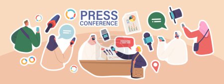 Illustration for Set of Stickers Arab Press Conference, Briefing with Speaker. Arabic Man Speak to Audience, Journalists or Press Media Workers with Microphones Listen Character on Tribune. Cartoon Vector Patches - Royalty Free Image
