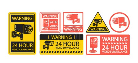 Illustration for Set of Labels with Camera Security Warning Isolated Icons on White Background. Cctv Video Surveillance Monitoring Devices for Monitoring in Public Places or Supermarkets. Vector Illustration - Royalty Free Image