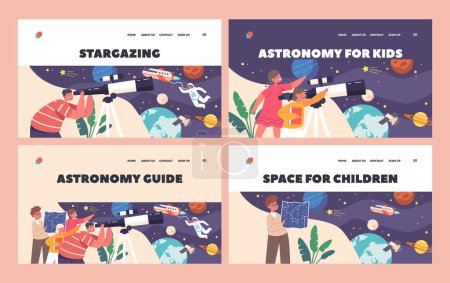 Illustration for Children Study Astronomy Science Landing Page Template Set. Kids Look In Telescope, Little Boys and Girls Characters Observe Sky with Milky Way and Astronaut. Cartoon People Vector Illustration - Royalty Free Image