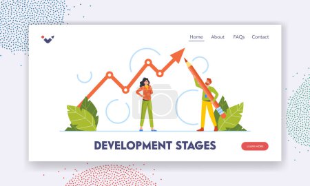 Illustration for Development Stages Landing Page Template. Benchmarking and Trade Market Analytics. Tiny Business Characters with Huge Pencil Analyzing Charts Comparing Company KPI. Cartoon People Vector Illustration - Royalty Free Image