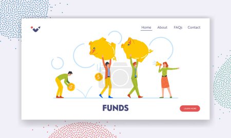 Illustration for Funds Landing Page Template. Money Loss, Improper Distribution Of Savings. Tiny Men And Women Carry Huge Piggy Bank With Coins Falling Down. Financial Bankruptcy. Cartoon People Vector Illustration - Royalty Free Image
